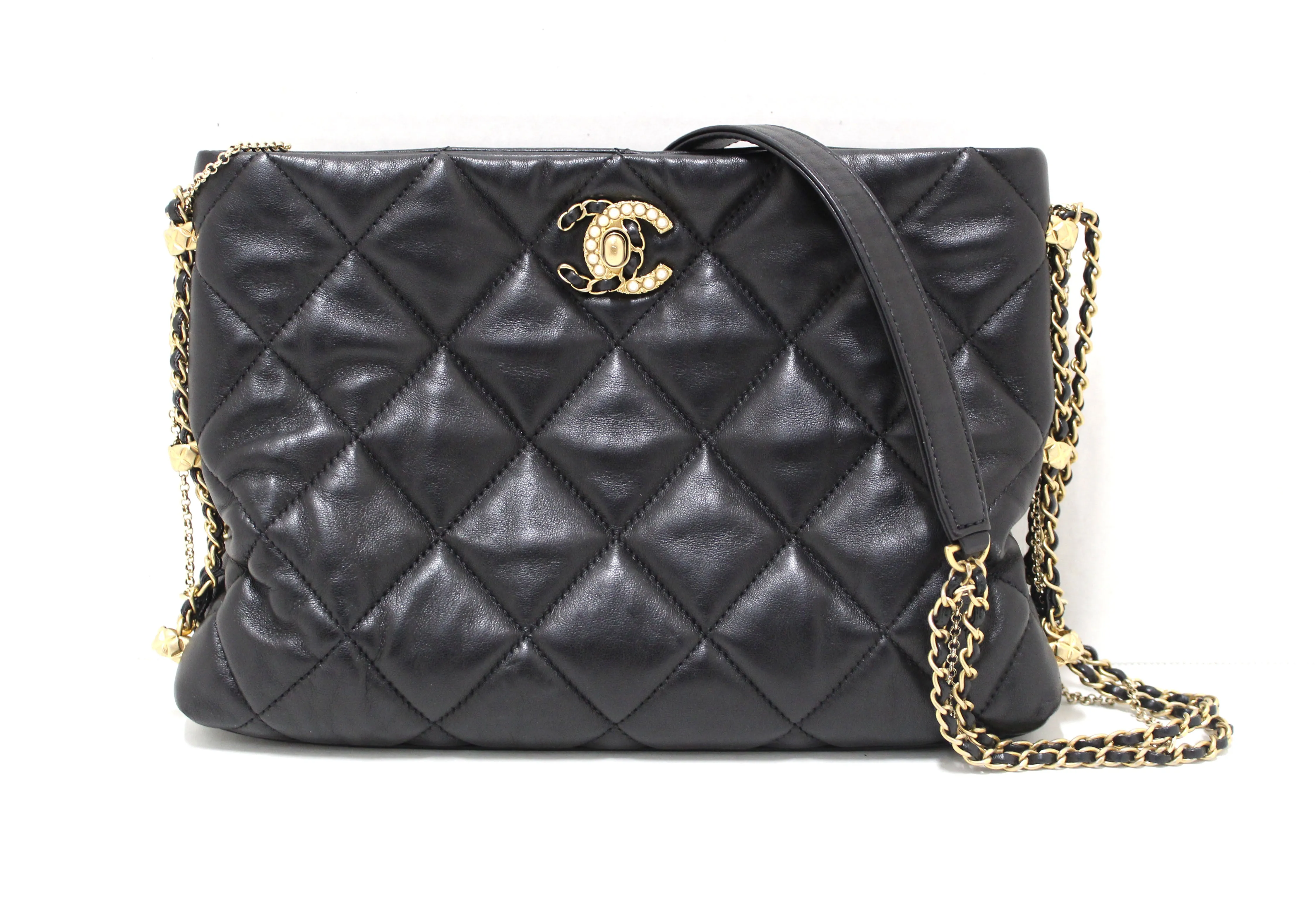 Authentic Chanel Black Lambskin Quilted Crush on Chains Hobo Bag