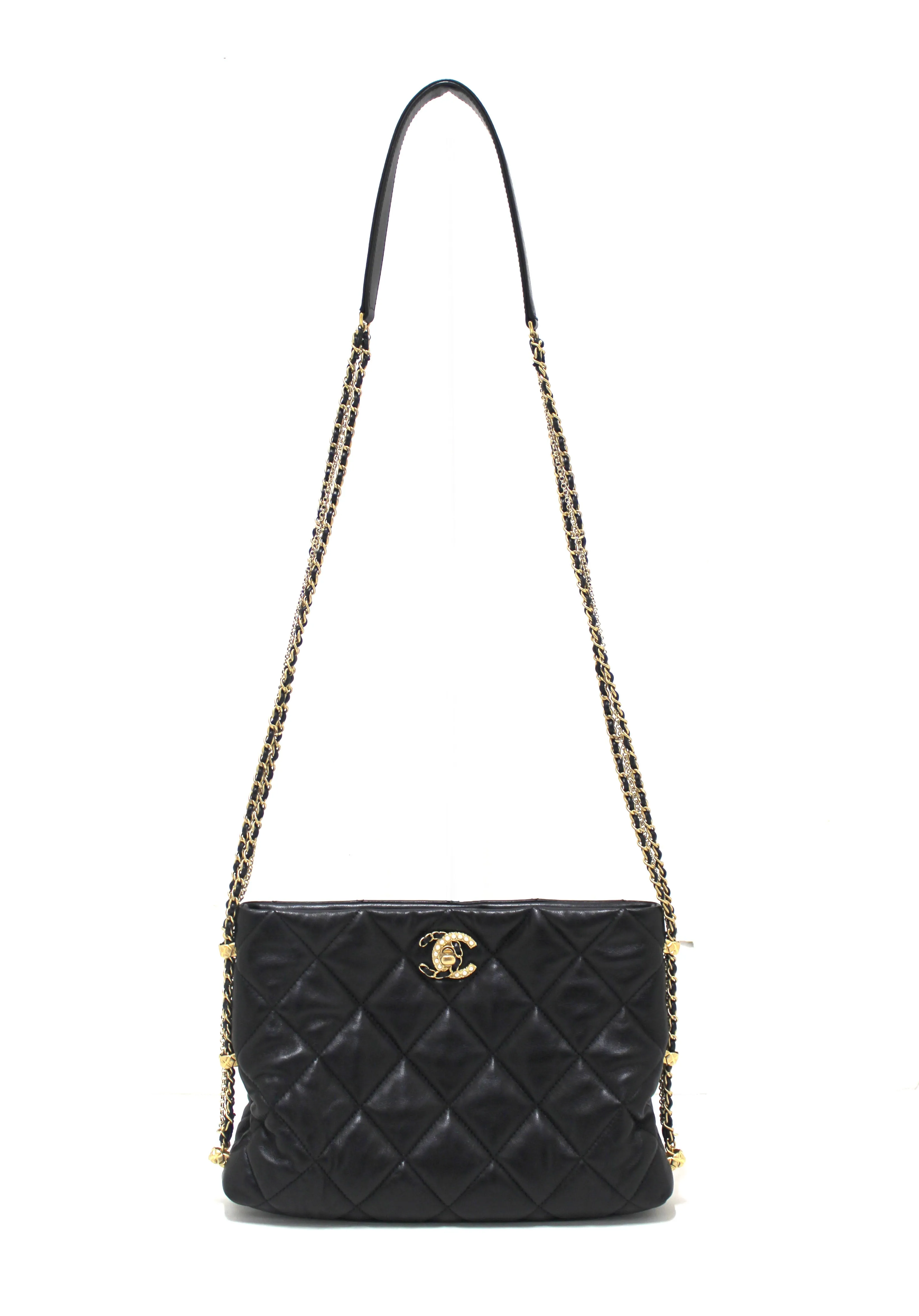 Authentic Chanel Black Lambskin Quilted Crush on Chains Hobo Bag