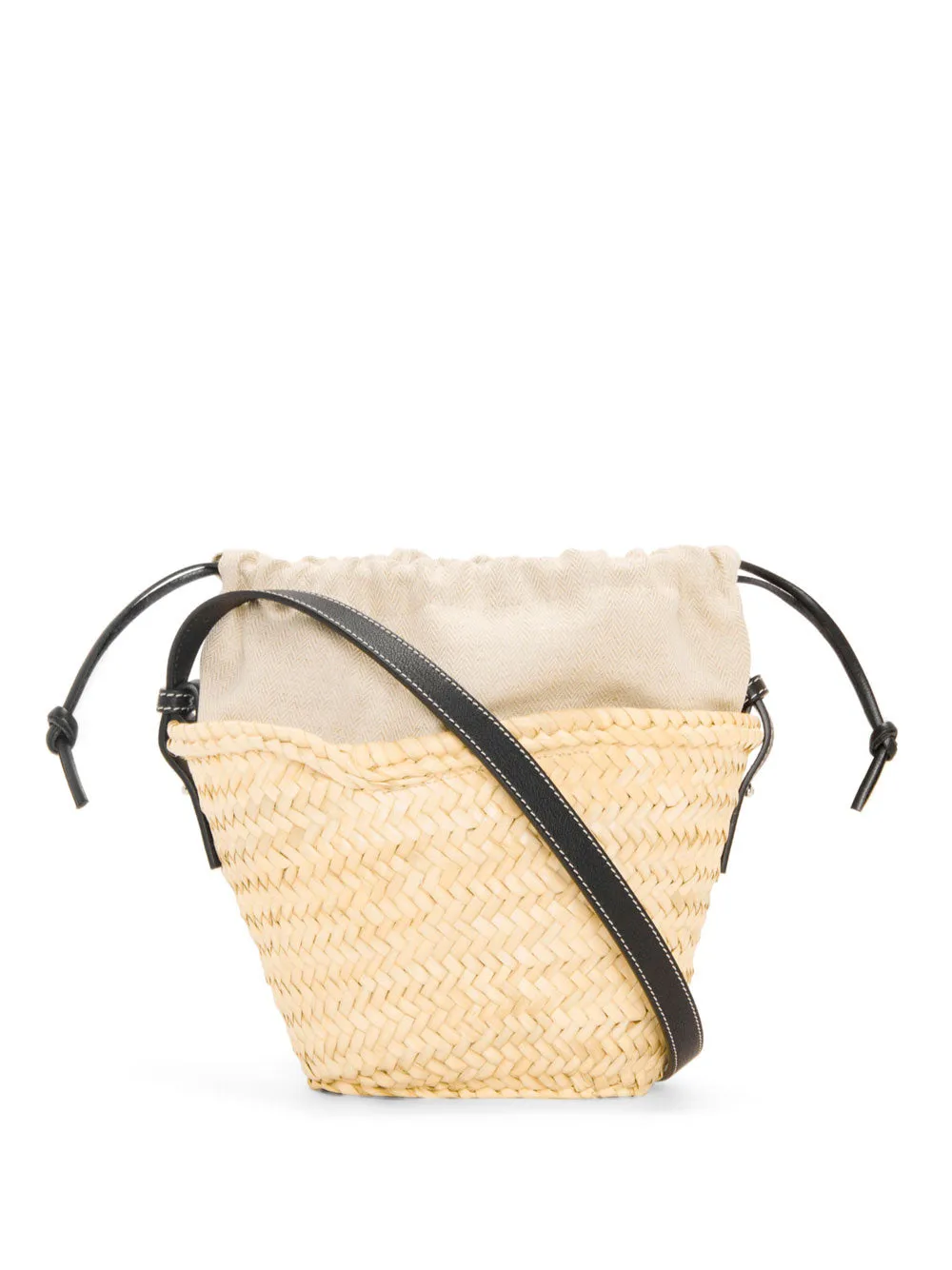 Drawstring bucket bag in palm leaf