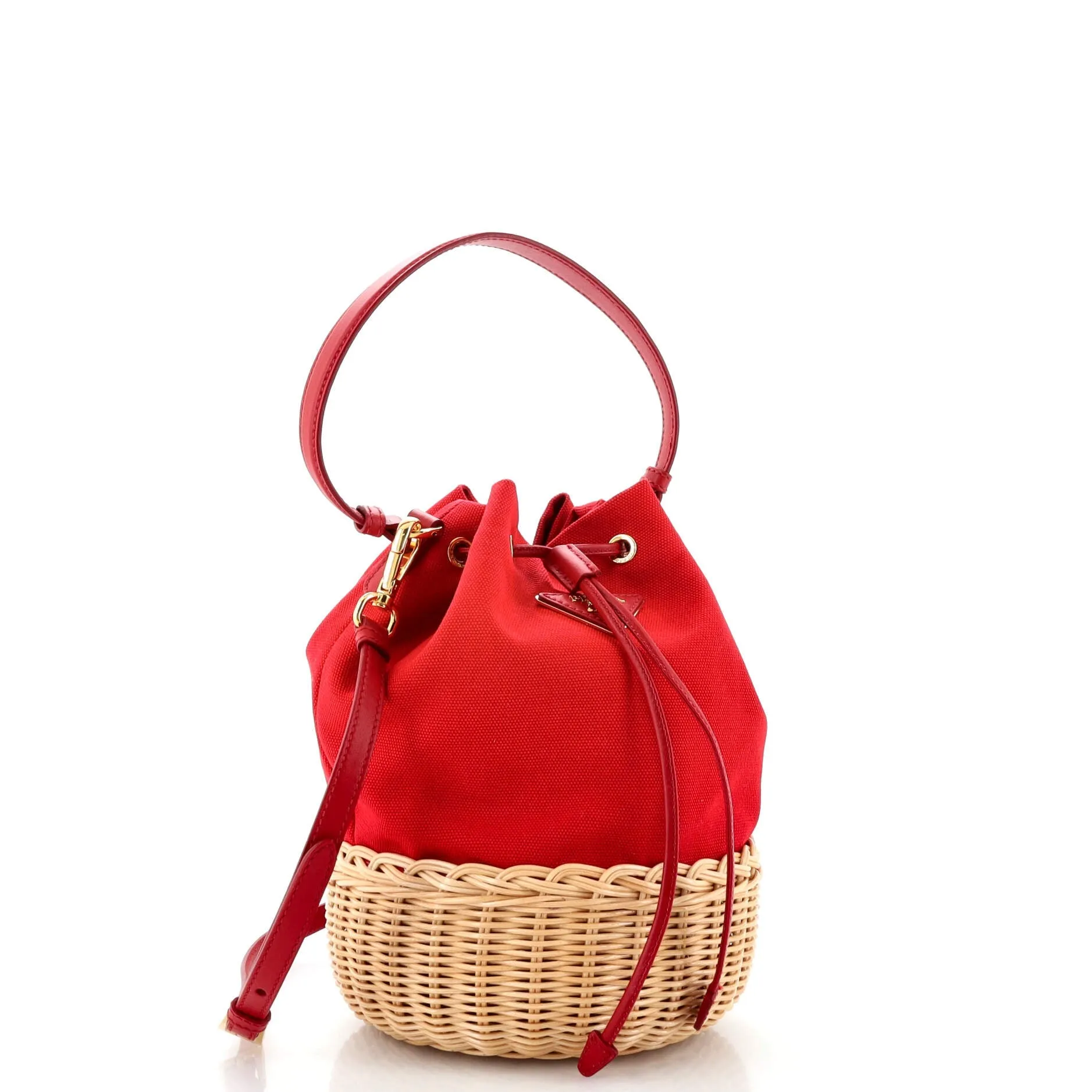 Drawstring Bucket Bag Printed Canvas and Wicker Small