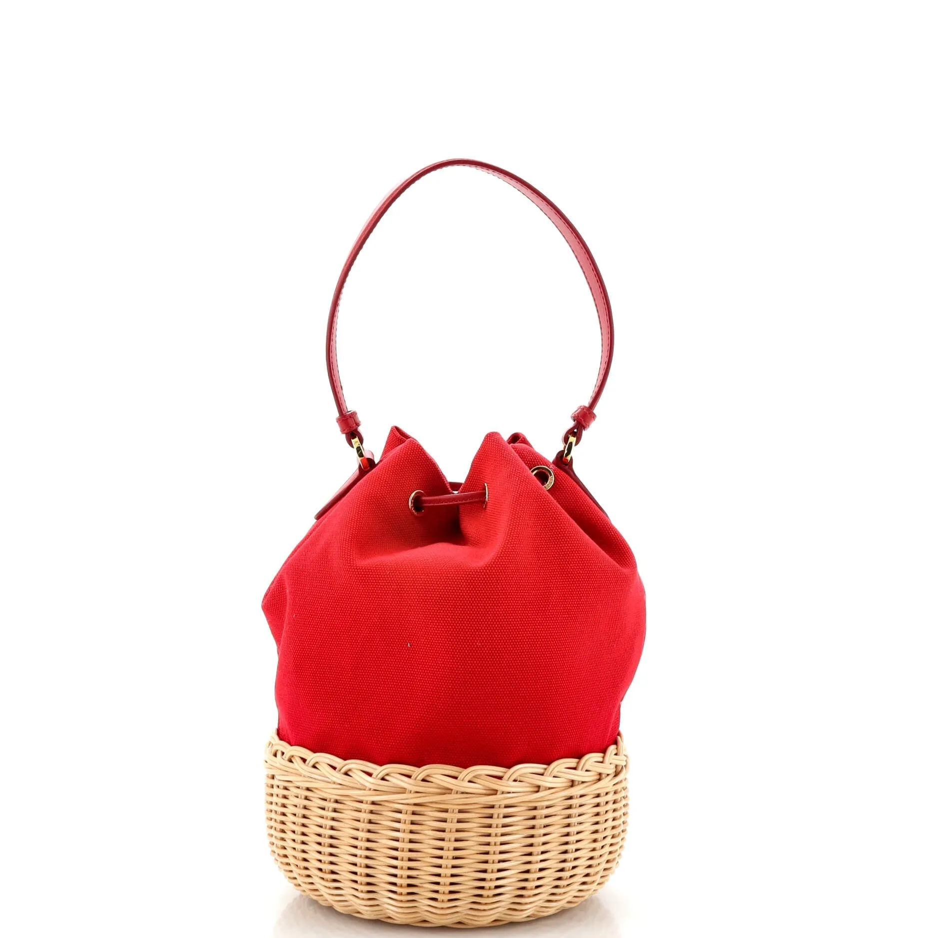 Drawstring Bucket Bag Printed Canvas and Wicker Small