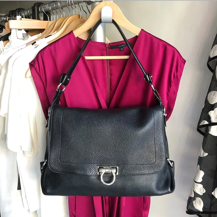 Ferragamo Black Grained Leather Sofia Hobo Bag