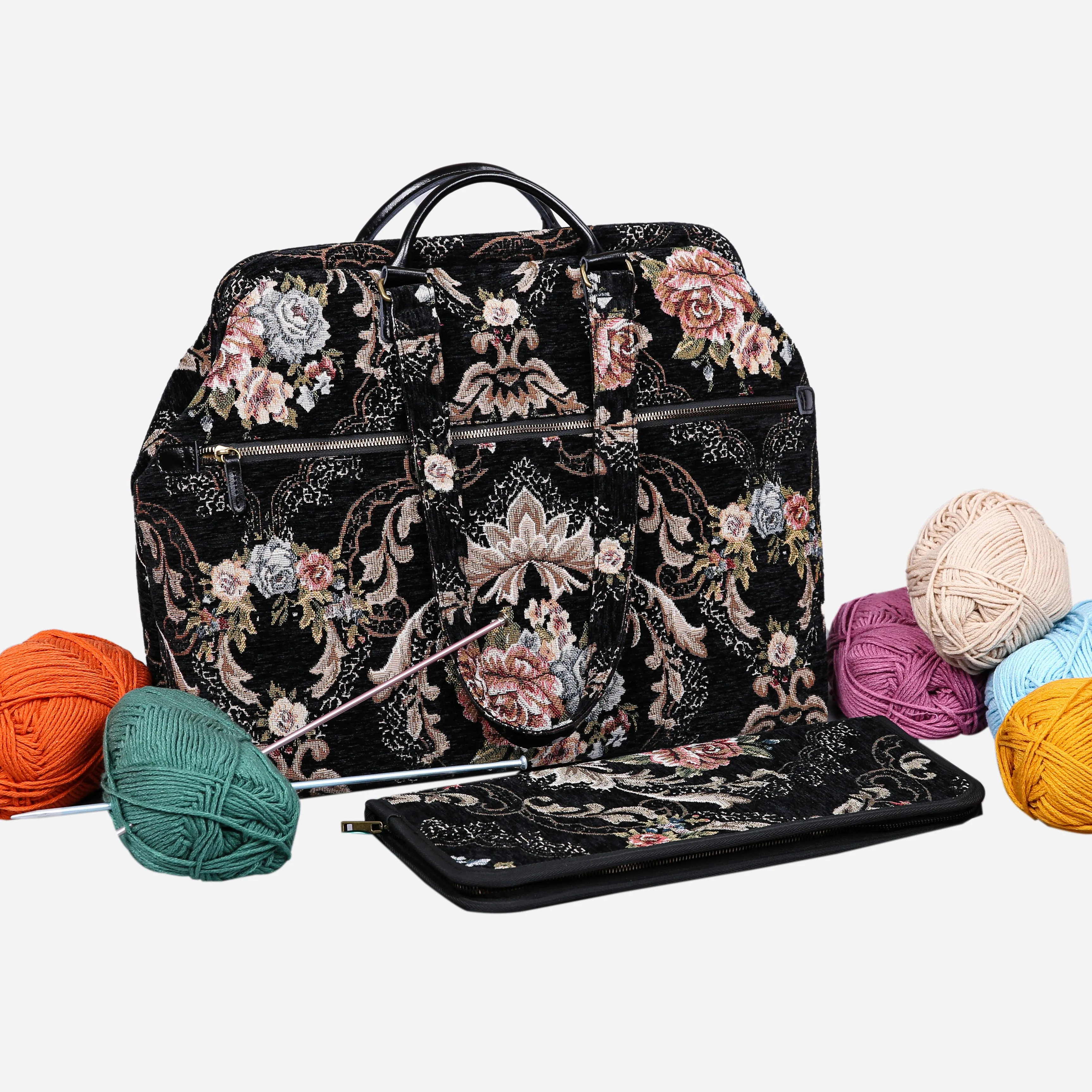 Floral BLK/BLK Knitting Project Bag