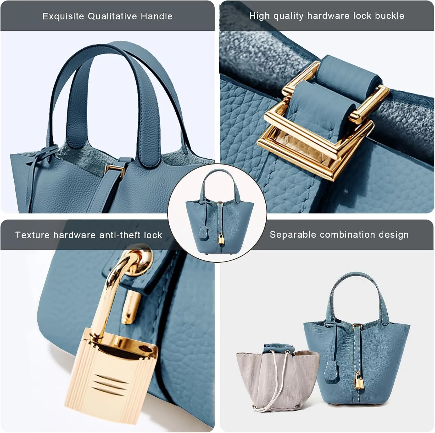 Genuine Leather Lock Design Bucket Bag Vegetable Basket, Versatile Shoulder Handbag Satchel Purses