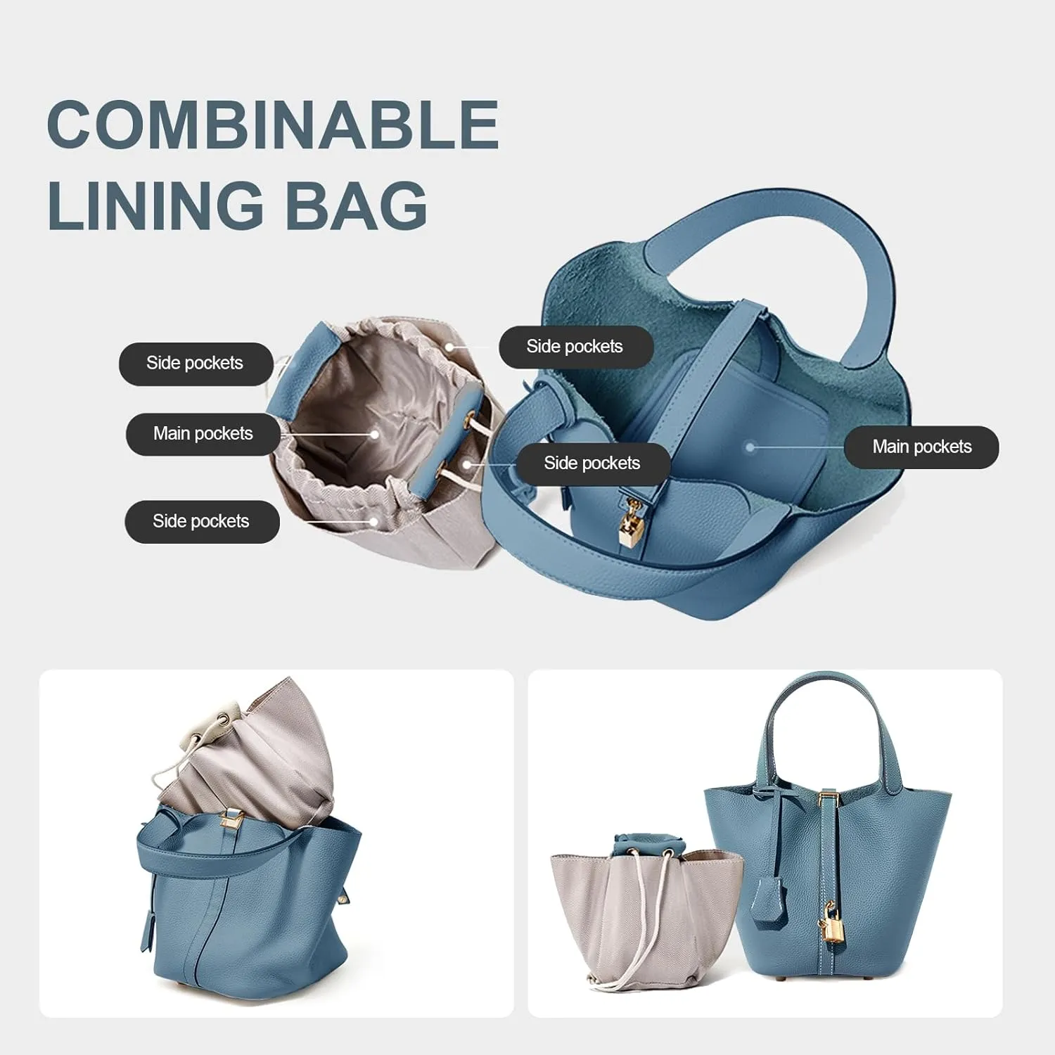 Genuine Leather Lock Design Bucket Bag Vegetable Basket, Versatile Shoulder Handbag Satchel Purses