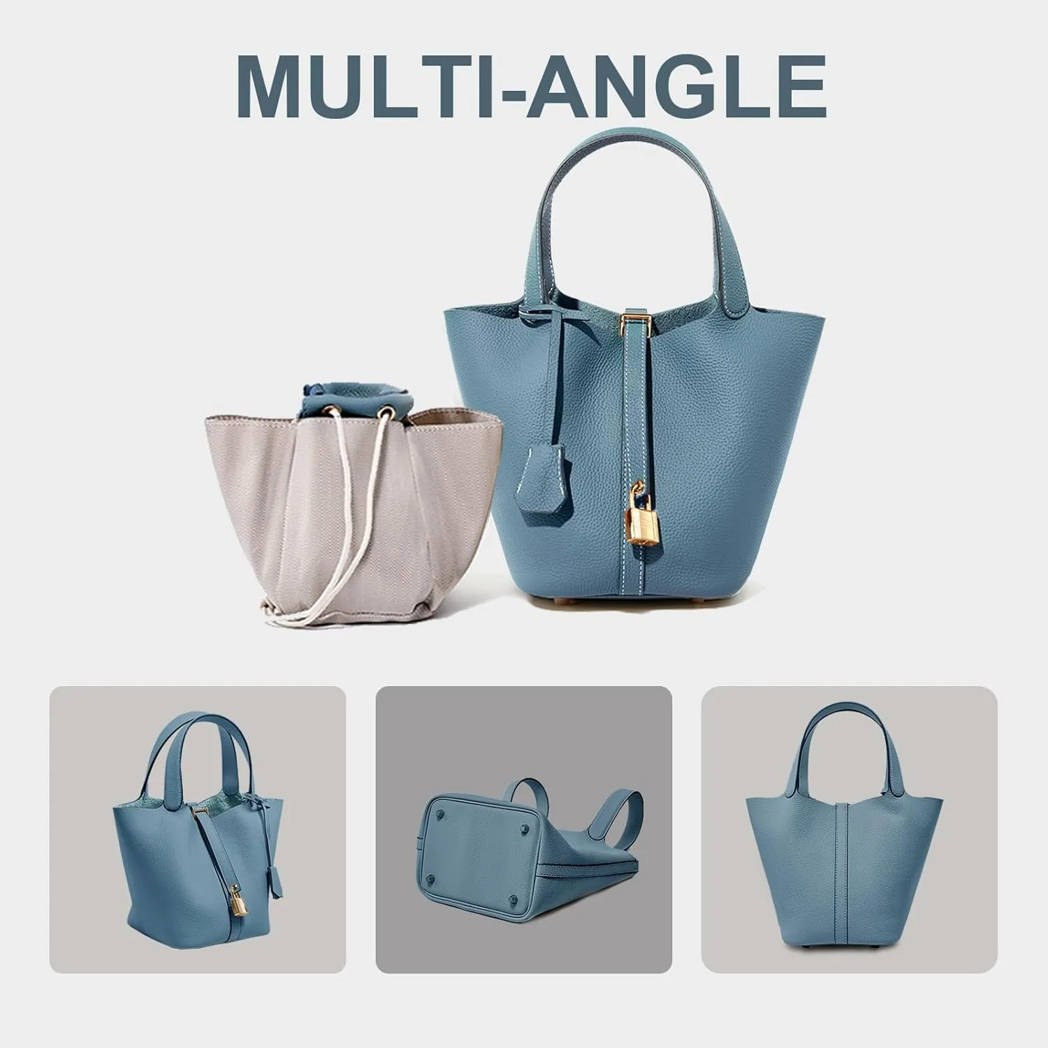 Genuine Leather Lock Design Bucket Bag Vegetable Basket, Versatile Shoulder Handbag Satchel Purses