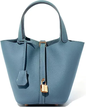 Genuine Leather Lock Design Bucket Bag Vegetable Basket, Versatile Shoulder Handbag Satchel Purses