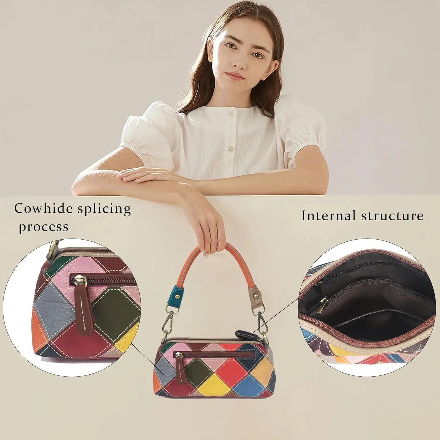 Handmade Cowhide Multi-color Block Random Stitching Unique Style Women's Bag - Crossbody, Shoulder and Handheld