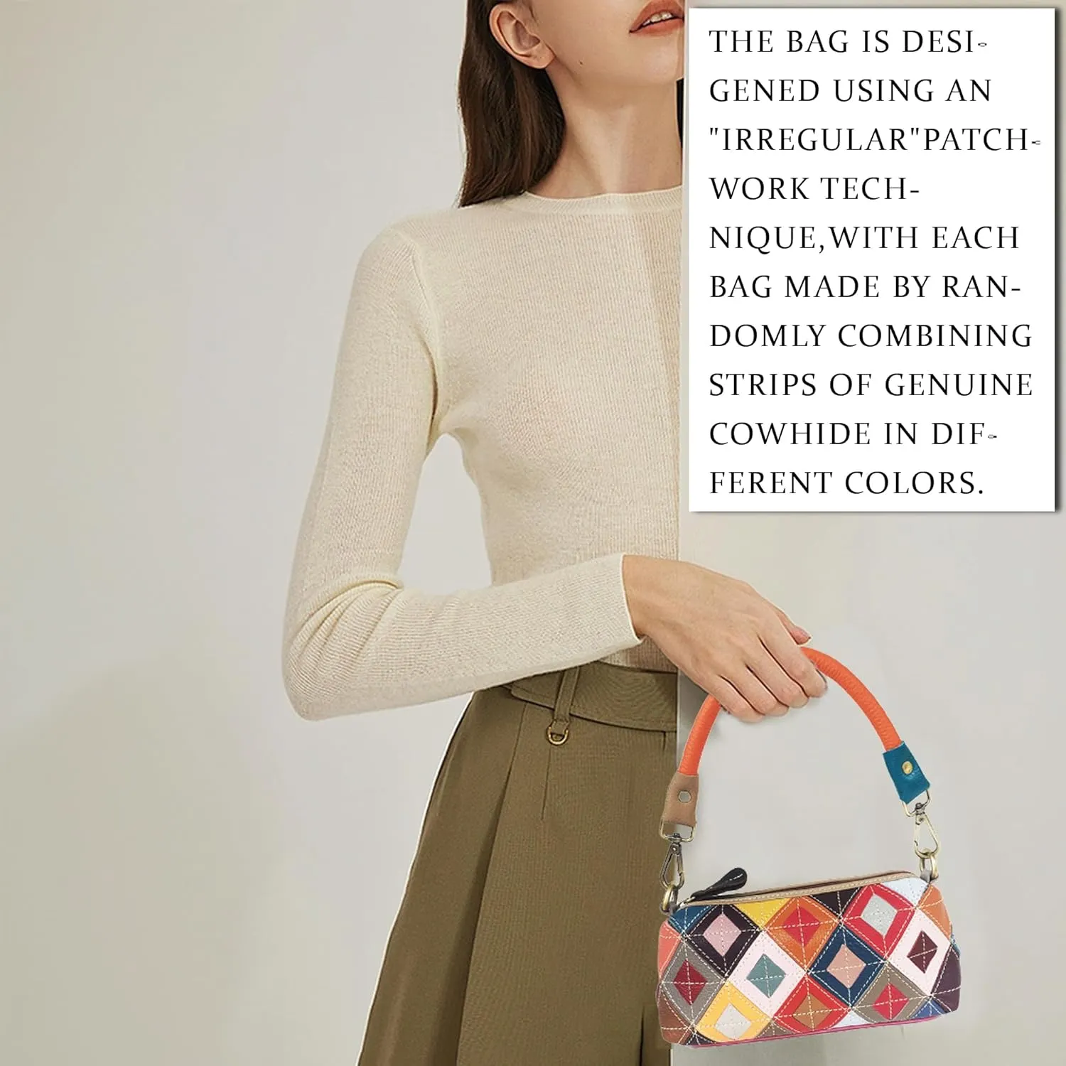 Handmade Cowhide Multi-color Block Random Stitching Unique Style Women's Bag - Crossbody, Shoulder and Handheld