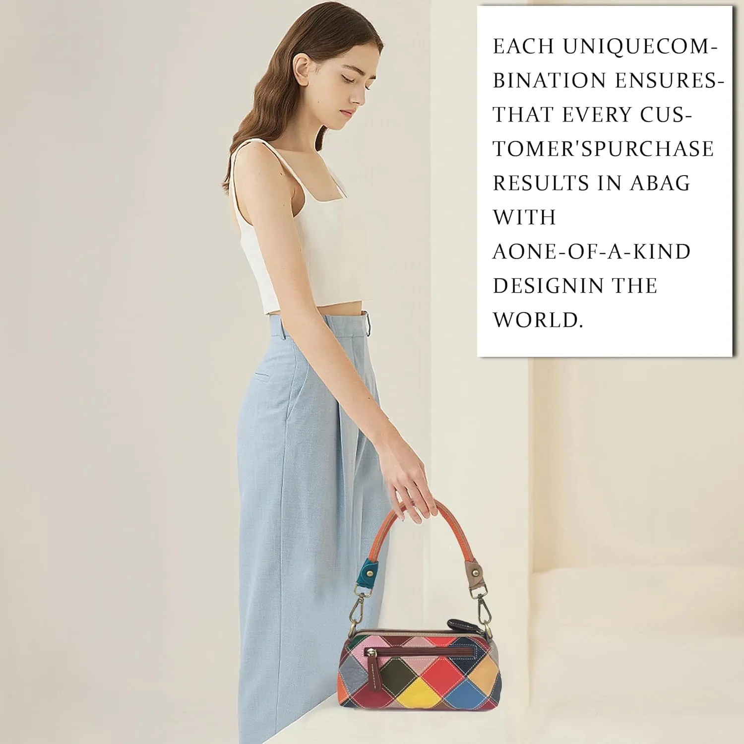 Handmade Cowhide Multi-color Block Random Stitching Unique Style Women's Bag - Crossbody, Shoulder and Handheld