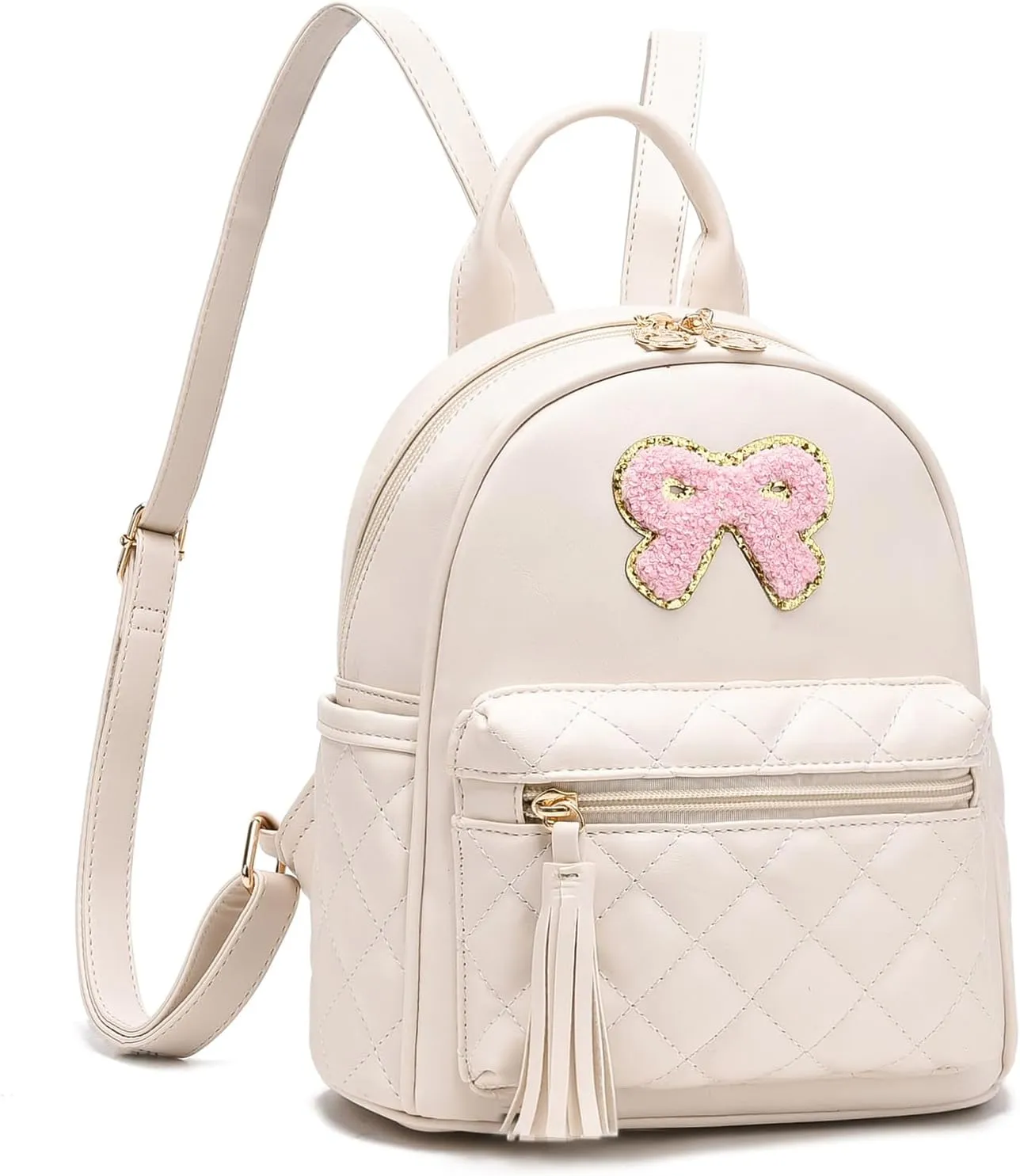 I IHAYNER Girls Bowknot Cute Leather Backpack Mini Backpack Purse for Women Small Bookbag Travel Daypacks with Charm Tassel Beige