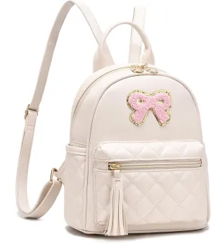 I IHAYNER Girls Bowknot Cute Leather Backpack Mini Backpack Purse for Women Small Bookbag Travel Daypacks with Charm Tassel Beige