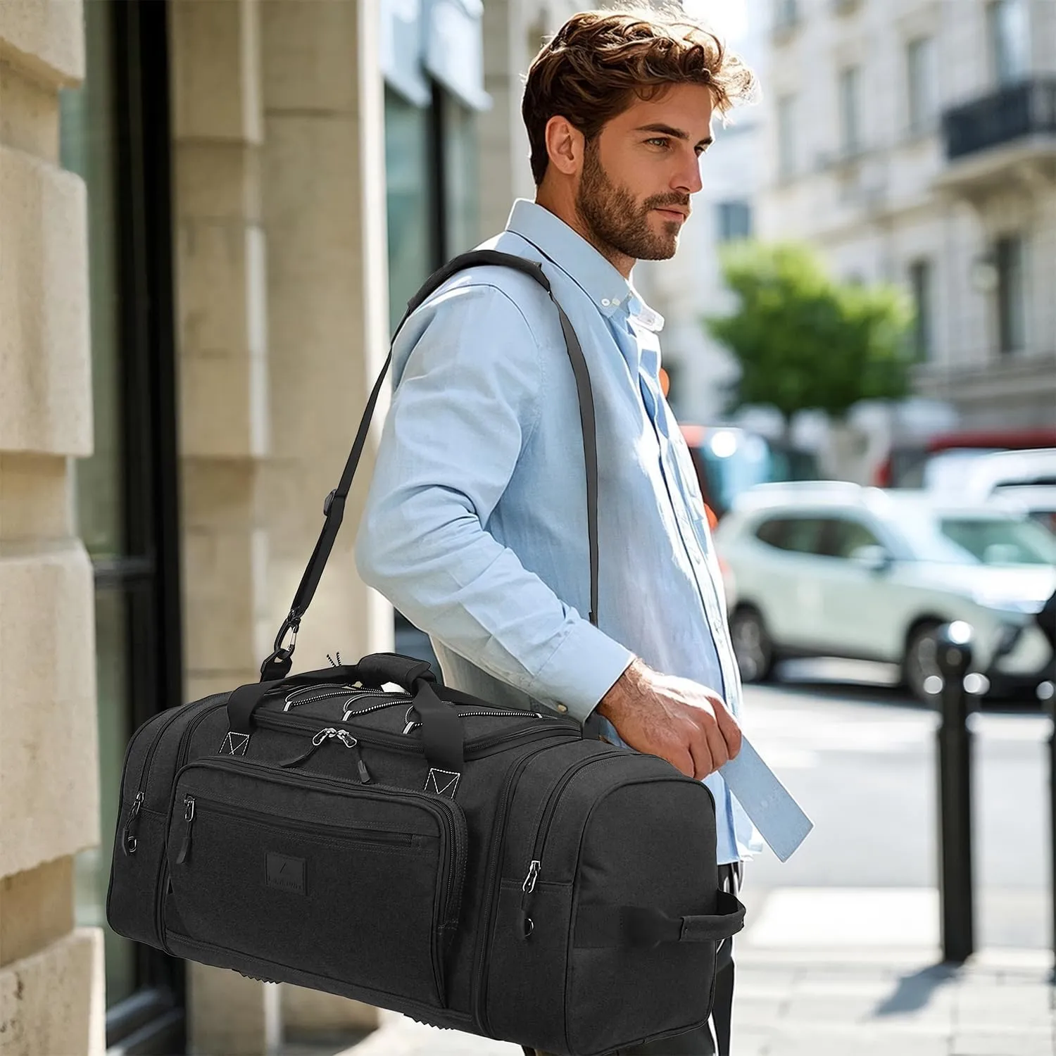 Laripwit Travel Duffle Bag Men with Elastic Mesh Expandable 45-50L Medium Sports Gym Duffel Bag Women with shoulder Strap Multifunctional for Fitness Weekender Overnight Traveling Business Trips Black