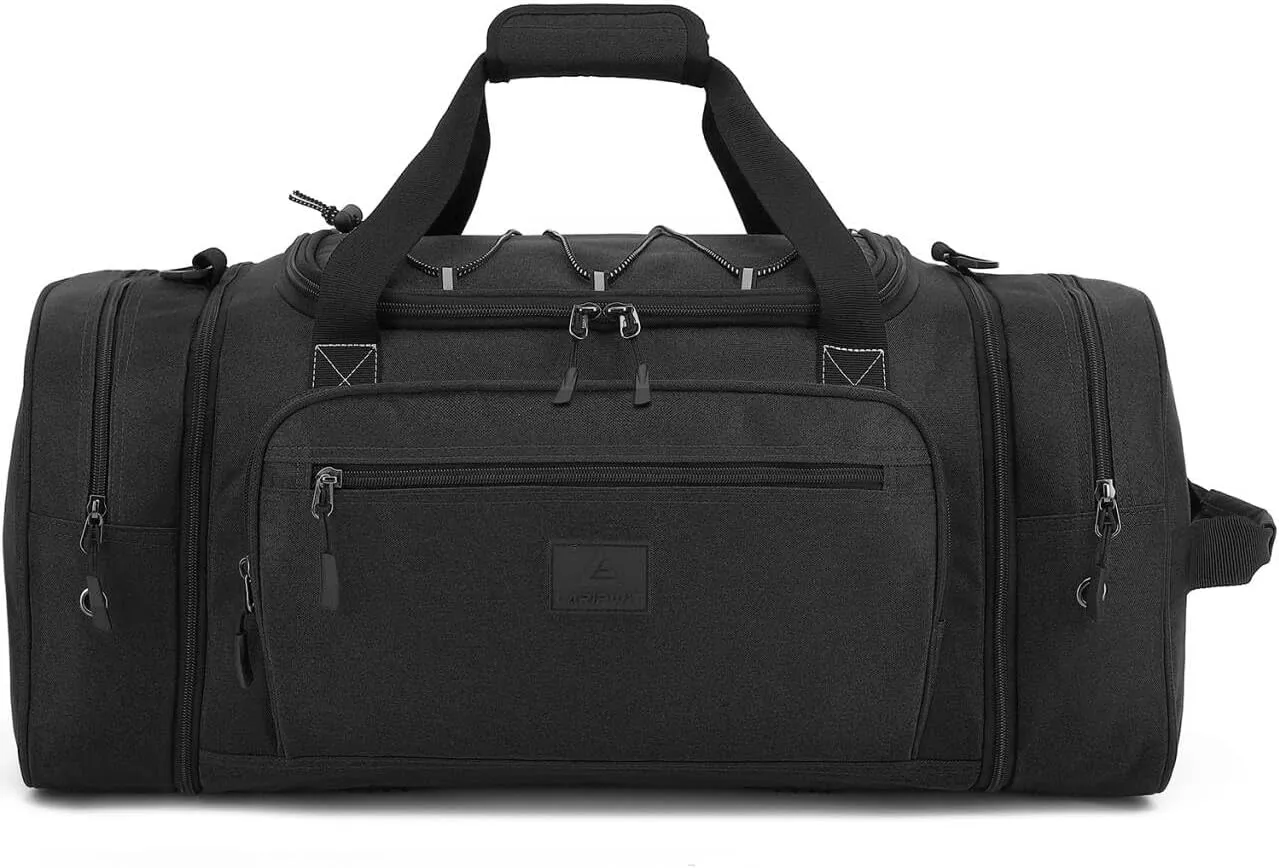 Laripwit Travel Duffle Bag Men with Elastic Mesh Expandable 45-50L Medium Sports Gym Duffel Bag Women with shoulder Strap Multifunctional for Fitness Weekender Overnight Traveling Business Trips Black