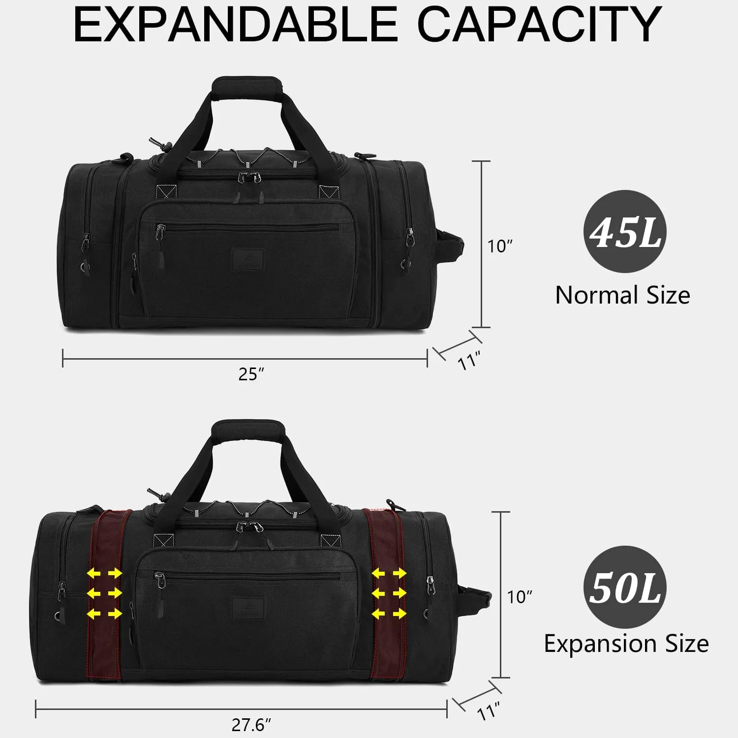 Laripwit Travel Duffle Bag Men with Elastic Mesh Expandable 45-50L Medium Sports Gym Duffel Bag Women with shoulder Strap Multifunctional for Fitness Weekender Overnight Traveling Business Trips Black
