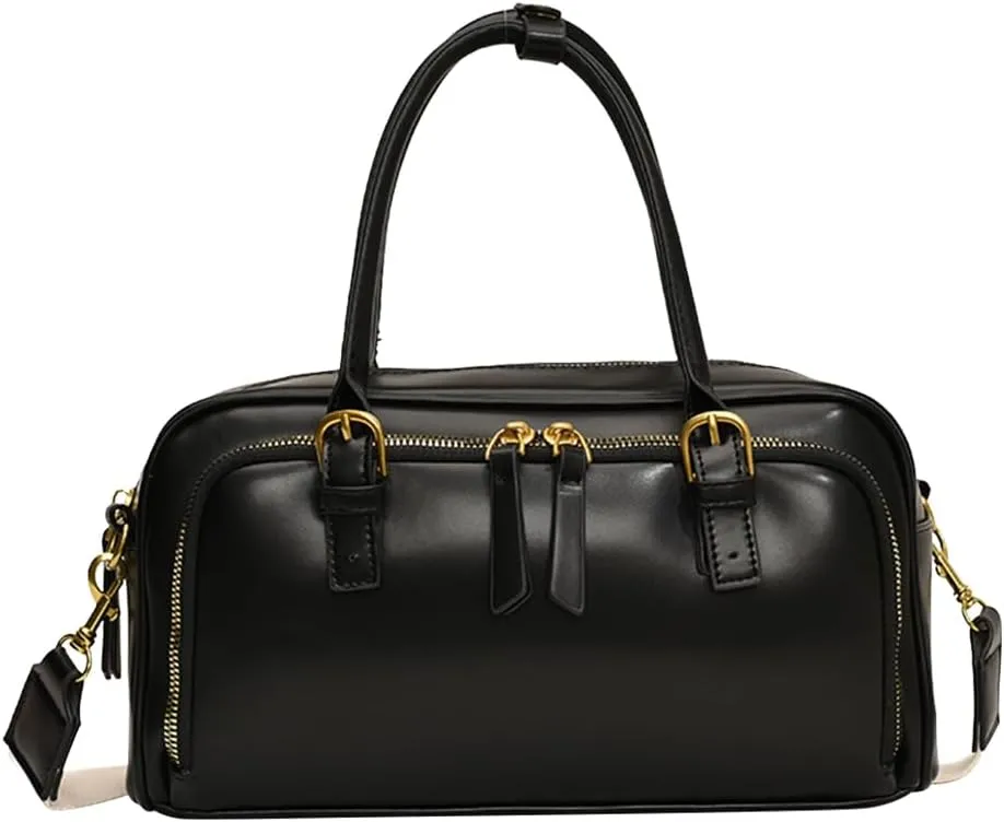 Multi-Pocket Bowling Bag Hobo Boston Tote Shoulder Bag for Women PU Leather Top Handle Bag for Work Travel