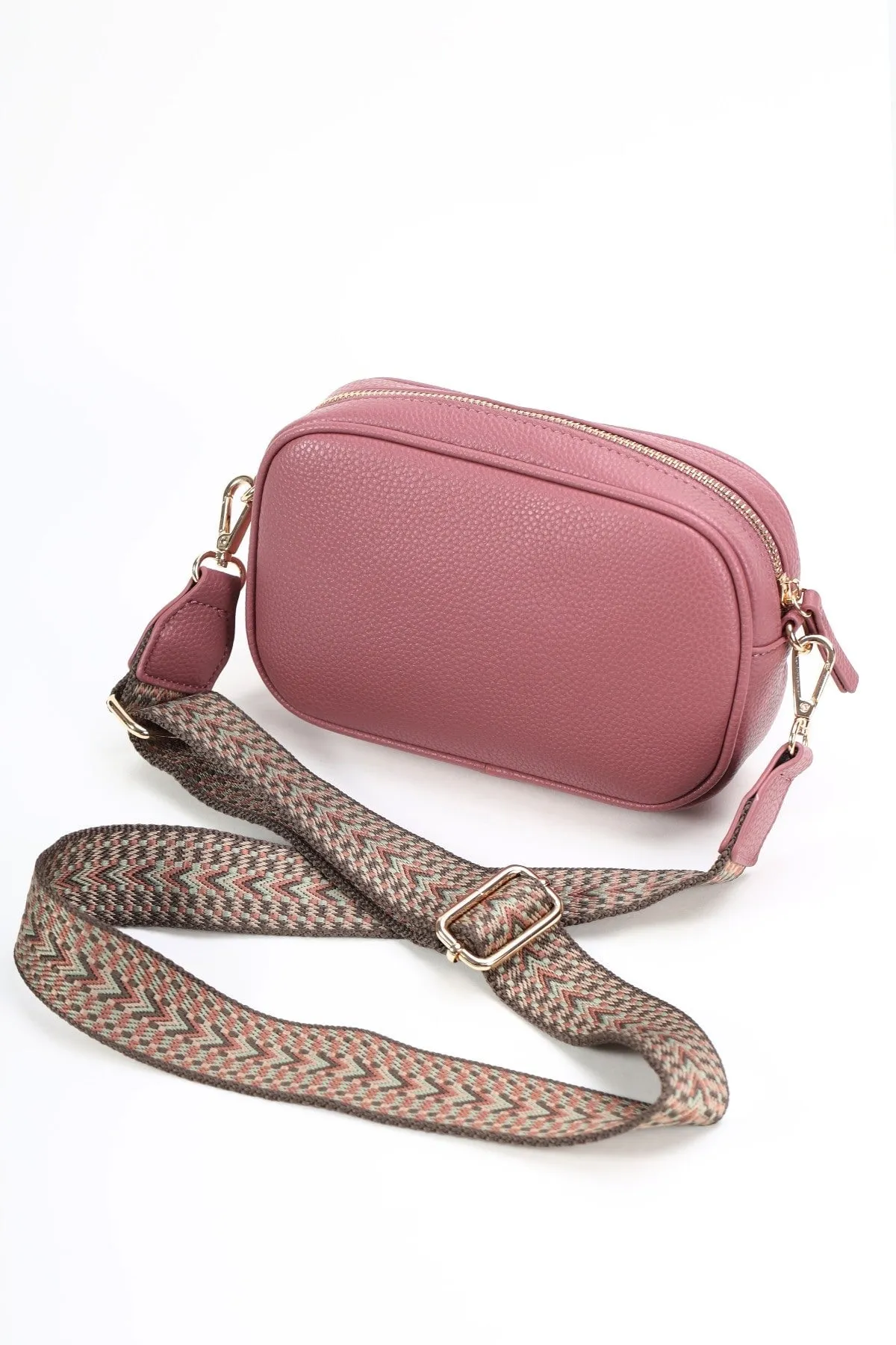 Pink Double Pocket Crossbody Bag with Printed Strap