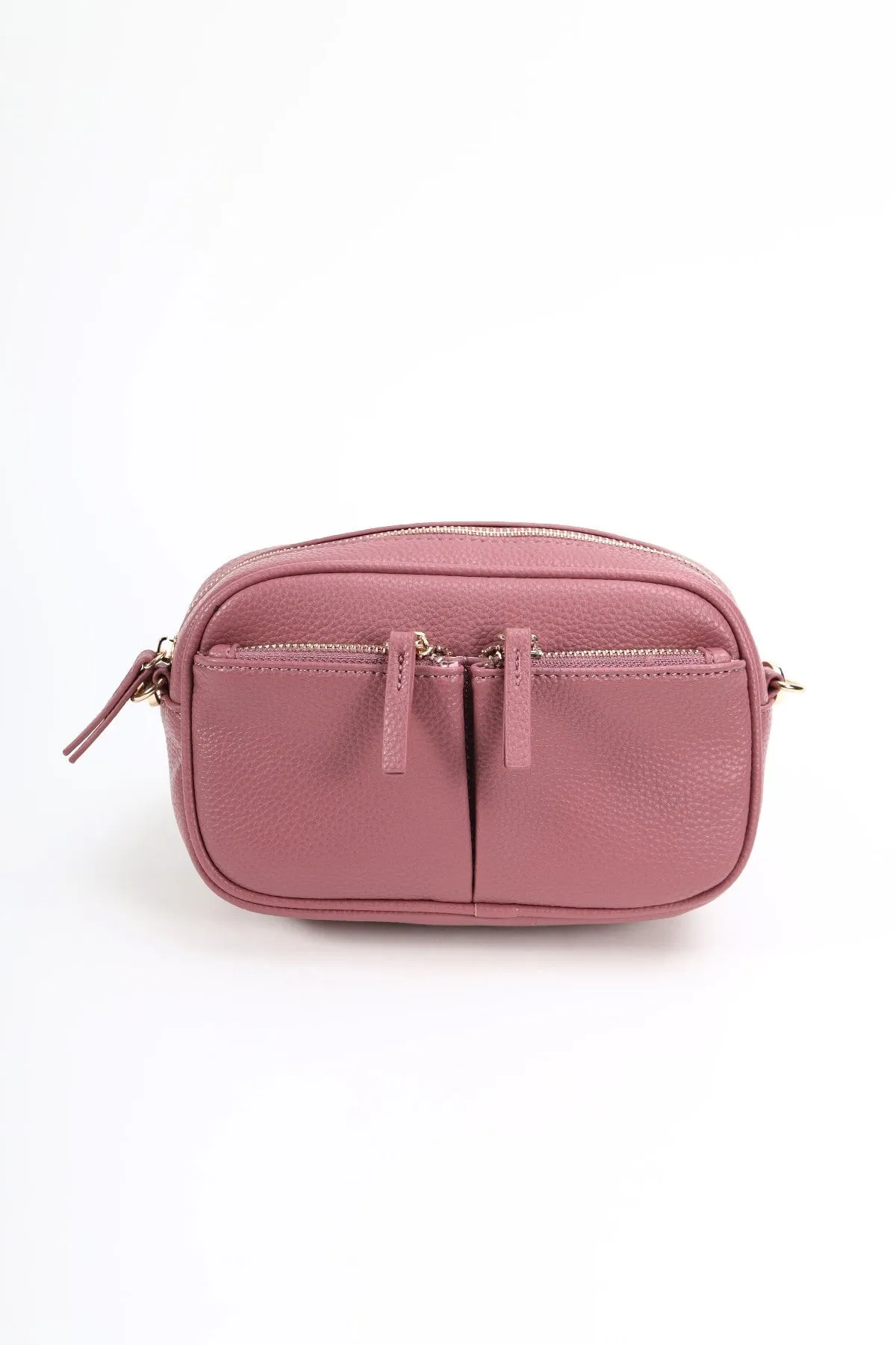 Pink Double Pocket Crossbody Bag with Printed Strap