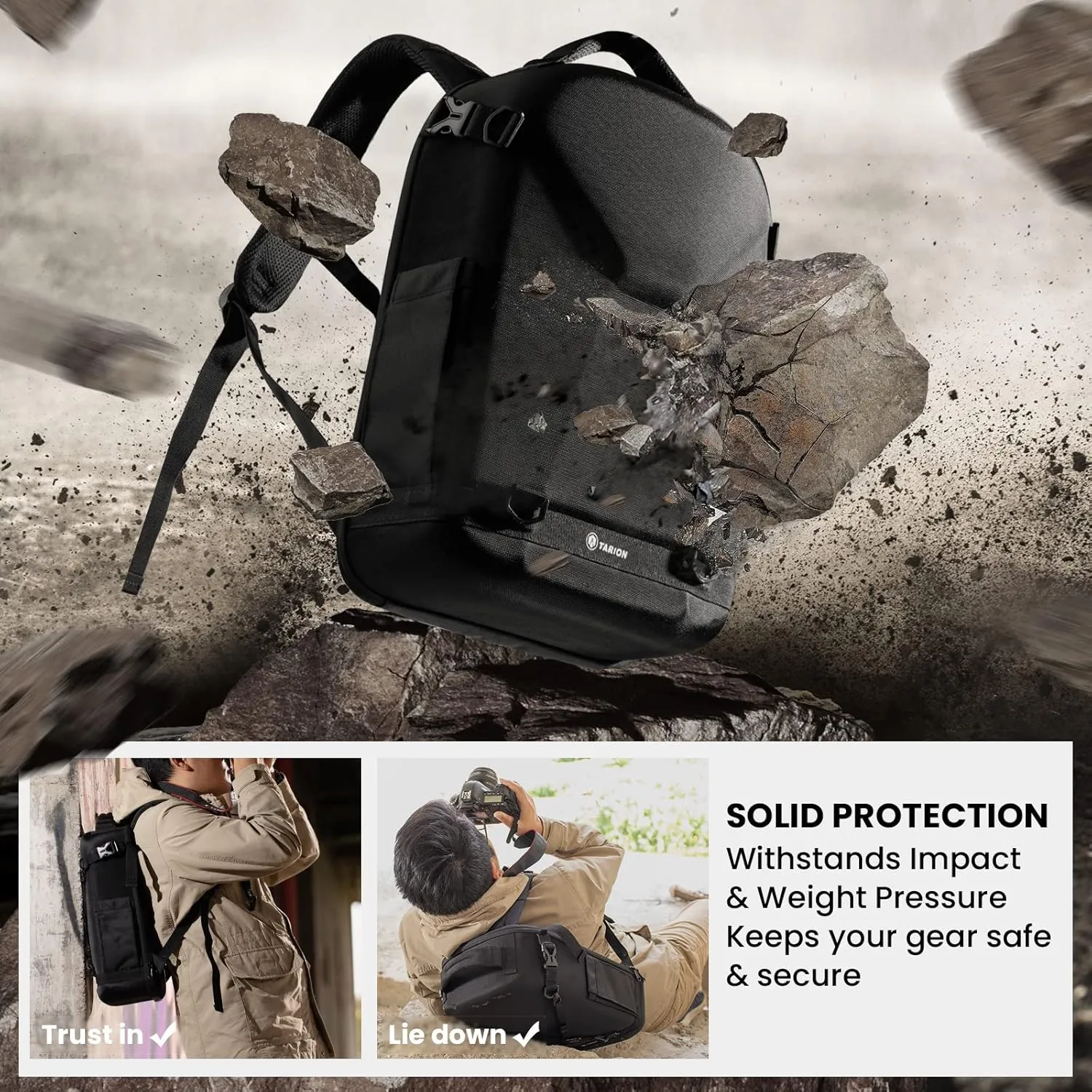 TARION Hardshell Camera Backpack: 3-side Hard Case Photography Bag DSLR Backpack with Waterproof Raincover, Laptop/Tripod Compartment for Men Women Photographers - Black